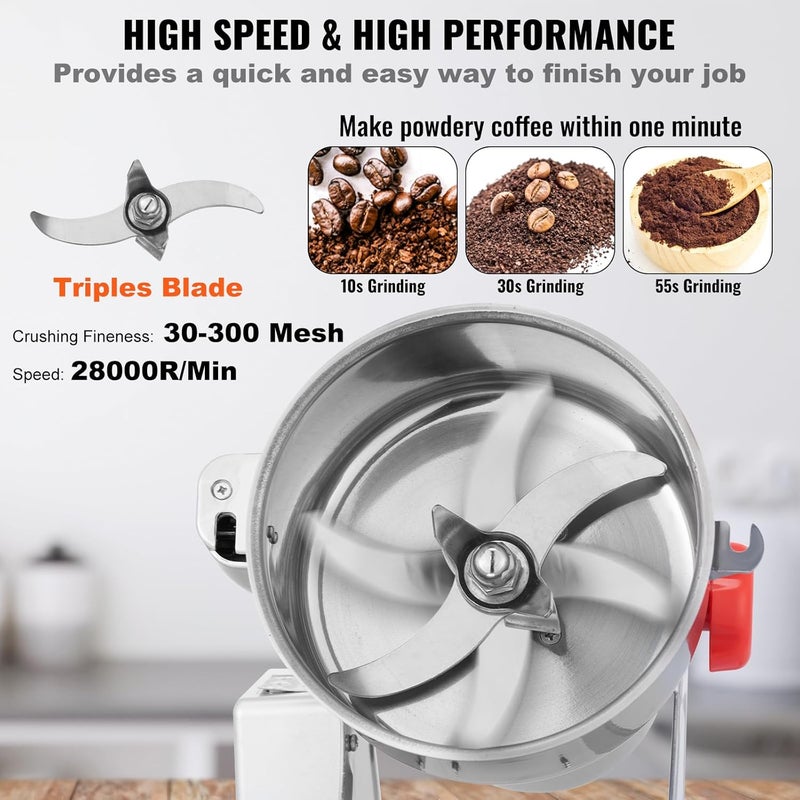 VEVOR 300g Electric Grain Mill Grinder, High Speed 1500W Commercial Spice Grinders, Stainless Steel Pulverizer Powder Machine, for Dry Grains Spices Cereals Coffee Corn Pepper, Swing Type - Image 4